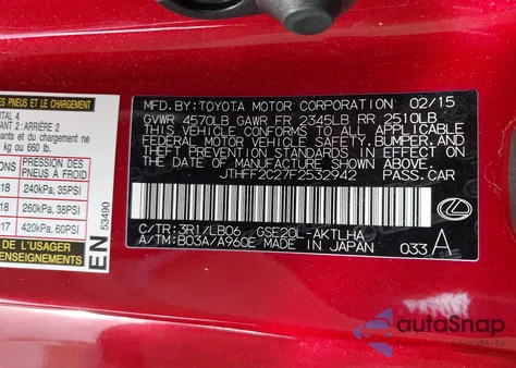 2015 Lexus Is 250C z USA, uszkodzony, nr VIN JTHFF2C27F2532942